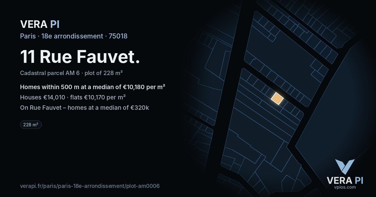 11 Rue Fauvet, 18e arrondissement at night – the plot lit, the parcels around coloured by the prices near them