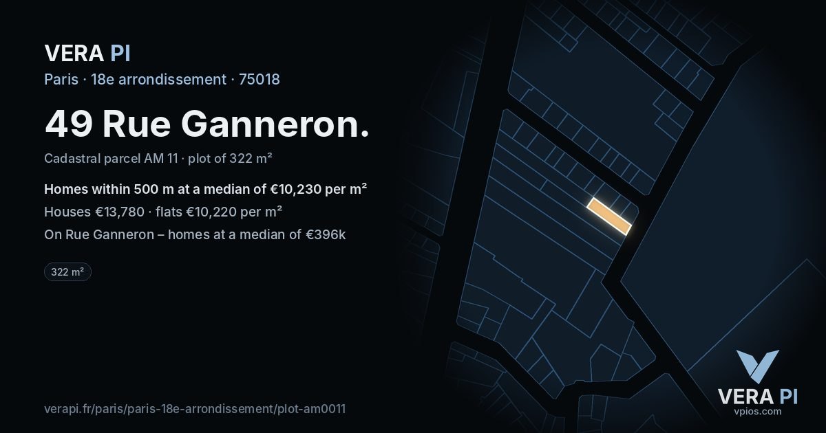 49 Rue Ganneron, 18e arrondissement at night – the plot lit, the parcels around coloured by the prices near them