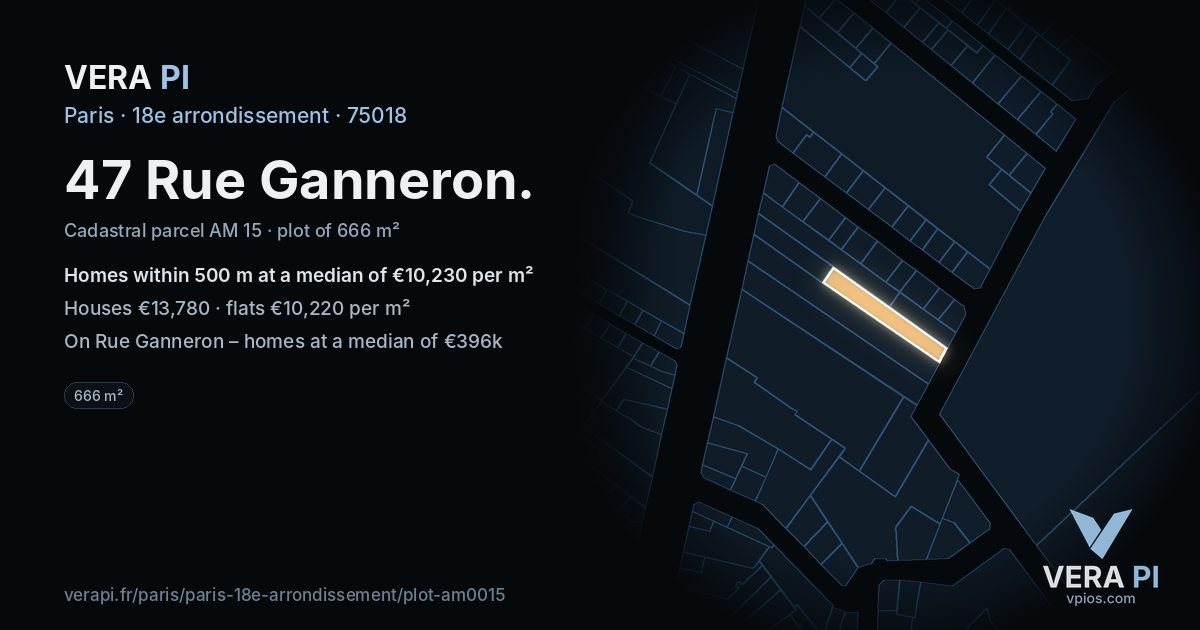 47 Rue Ganneron, 18e arrondissement at night – the plot lit, the parcels around coloured by the prices near them