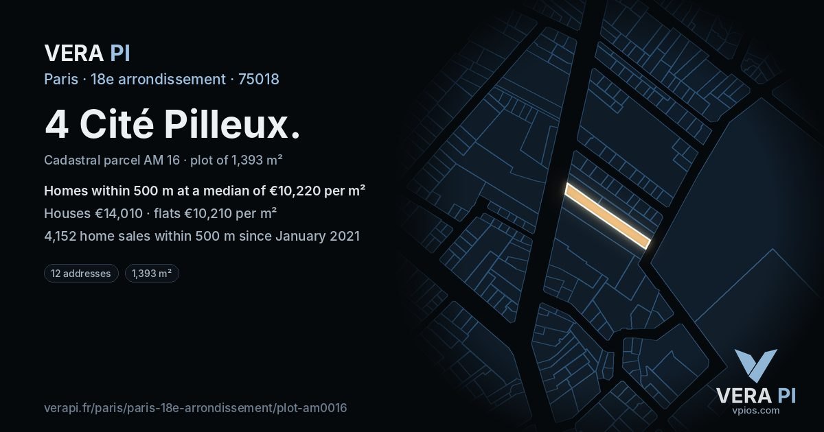 4 Cité Pilleux, 18e arrondissement at night – the plot lit, the parcels around coloured by the prices near them