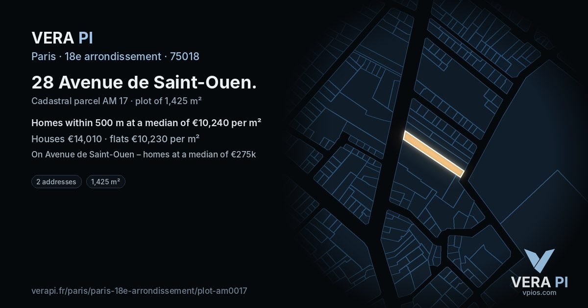 28 Avenue de Saint-Ouen, 18e arrondissement at night – the plot lit, the parcels around coloured by the prices near them