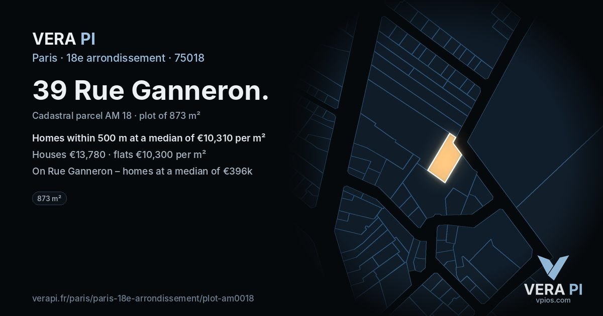 39 Rue Ganneron, 18e arrondissement at night – the plot lit, the parcels around coloured by the prices near them