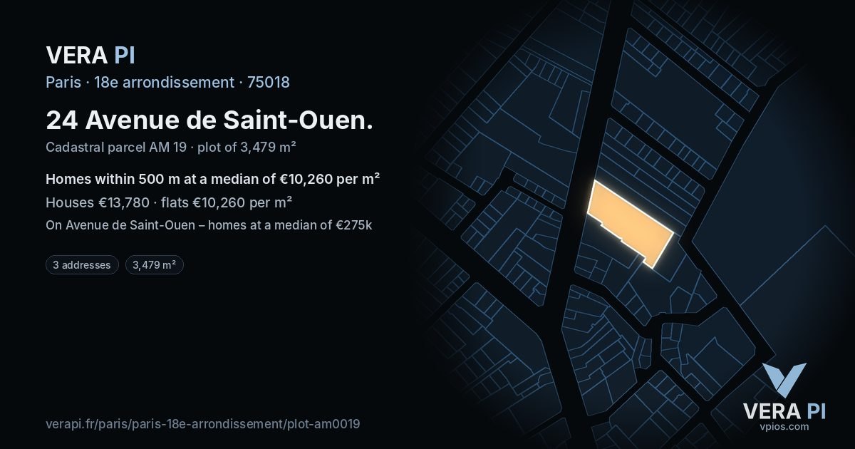 24 Avenue de Saint-Ouen, 18e arrondissement at night – the plot lit, the parcels around coloured by the prices near them
