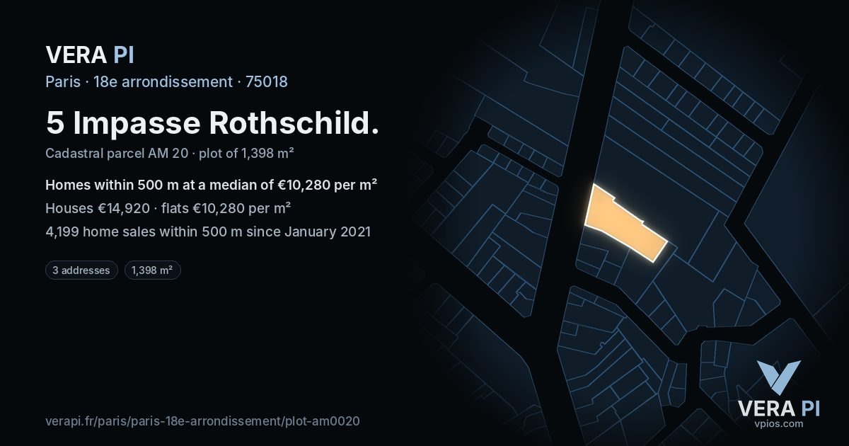 5 Impasse Rothschild, 18e arrondissement at night – the plot lit, the parcels around coloured by the prices near them