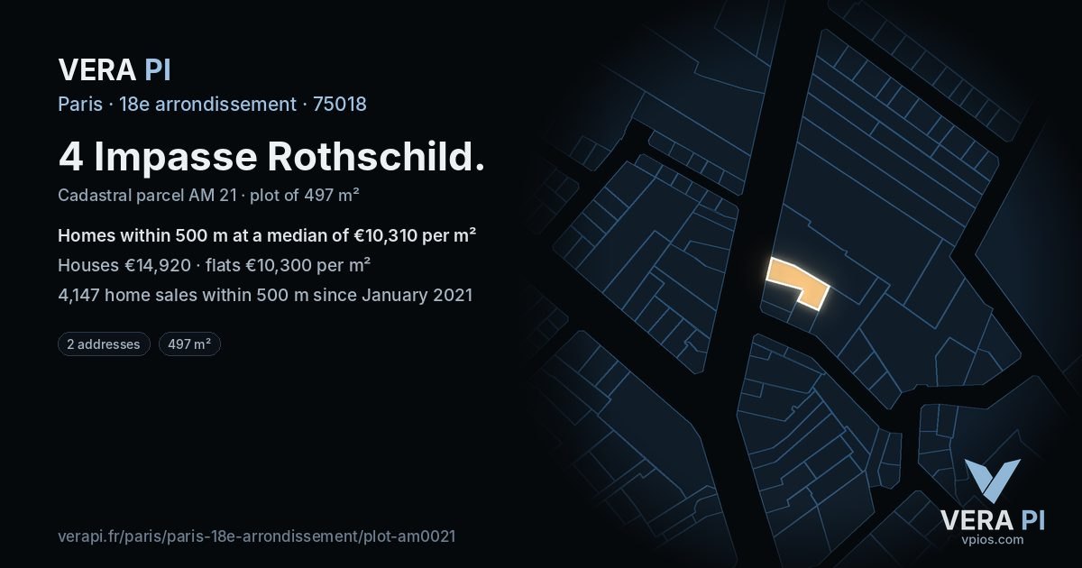 4 Impasse Rothschild, 18e arrondissement at night – the plot lit, the parcels around coloured by the prices near them
