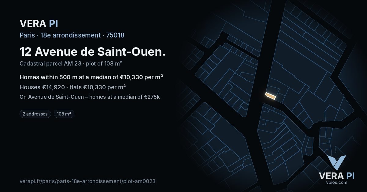 12 Avenue de Saint-Ouen, 18e arrondissement at night – the plot lit, the parcels around coloured by the prices near them