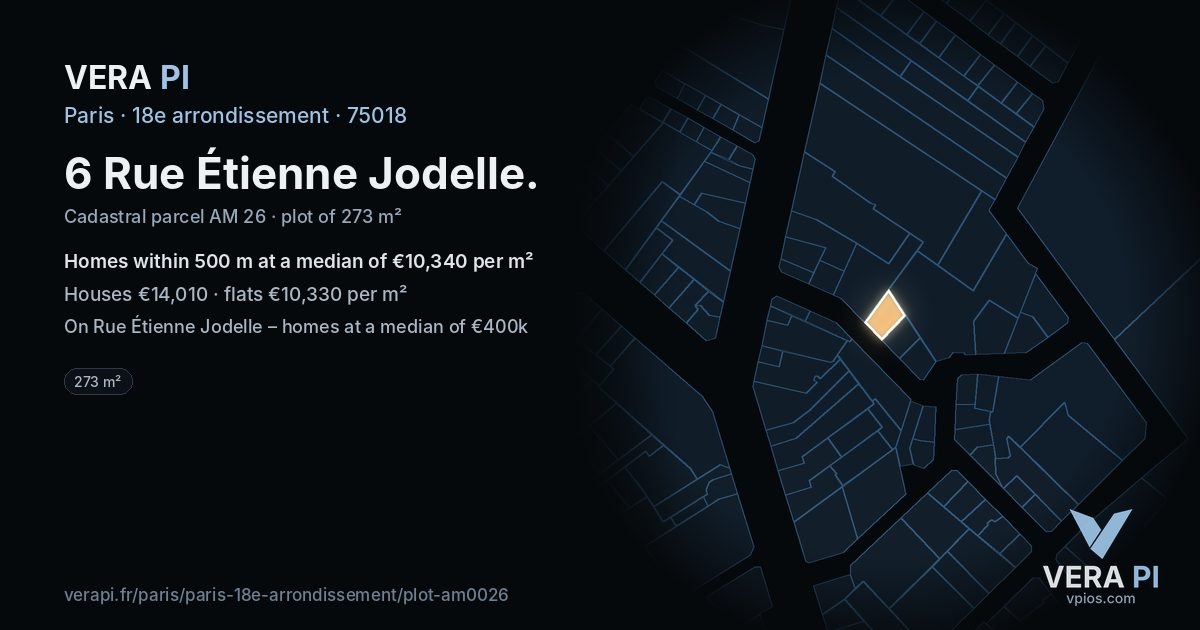 6 Rue Étienne Jodelle, 18e arrondissement at night – the plot lit, the parcels around coloured by the prices near them