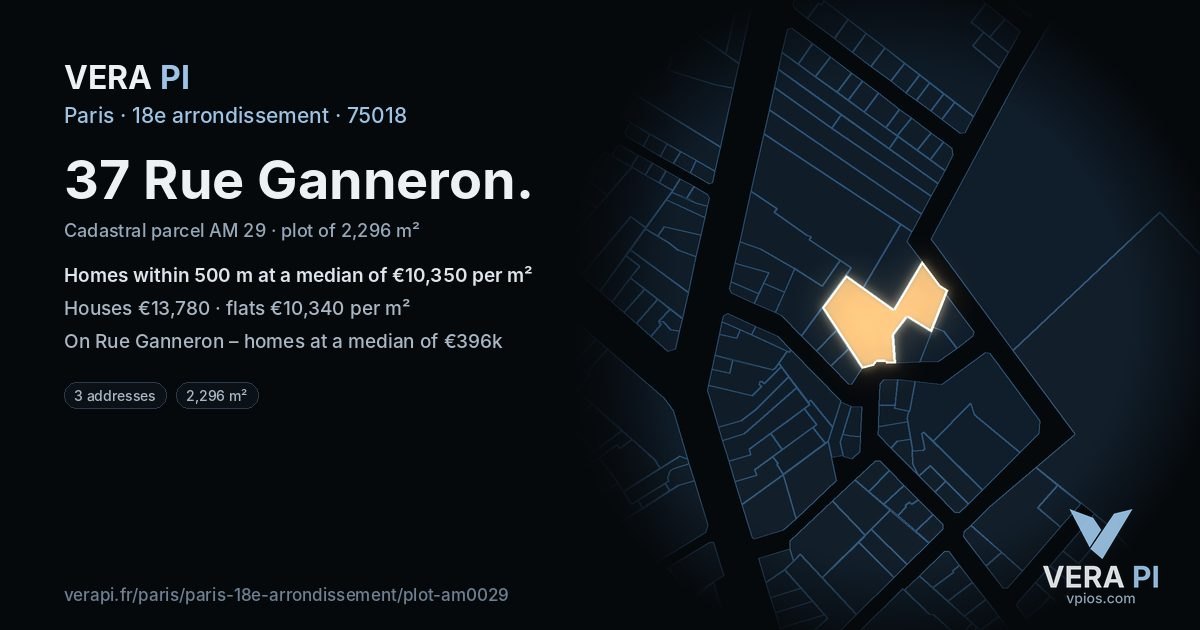 37 Rue Ganneron, 18e arrondissement at night – the plot lit, the parcels around coloured by the prices near them