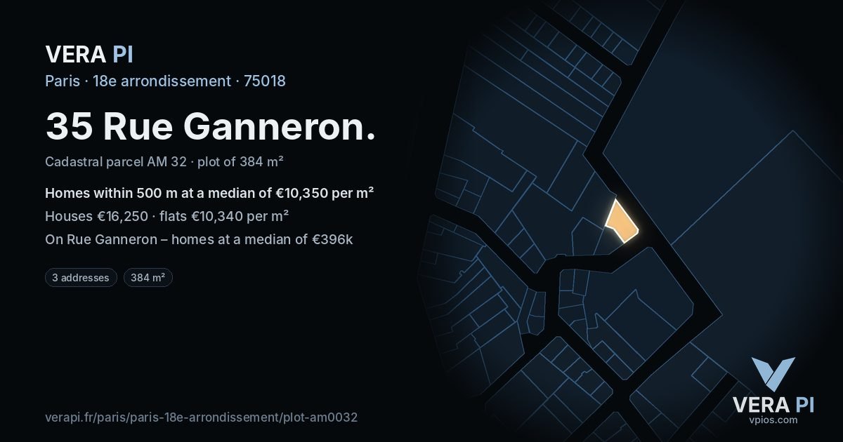 35 Rue Ganneron, 18e arrondissement at night – the plot lit, the parcels around coloured by the prices near them