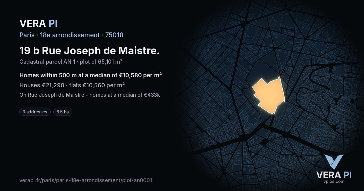 19 b Rue Joseph de Maistre, 18e arrondissement at night – the plot lit, the parcels around coloured by the prices near them