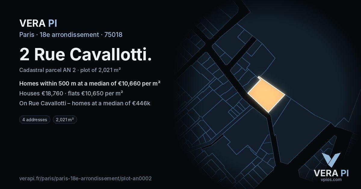 2 Rue Cavallotti, 18e arrondissement at night – the plot lit, the parcels around coloured by the prices near them