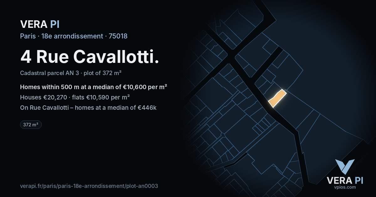 4 Rue Cavallotti, 18e arrondissement at night – the plot lit, the parcels around coloured by the prices near them