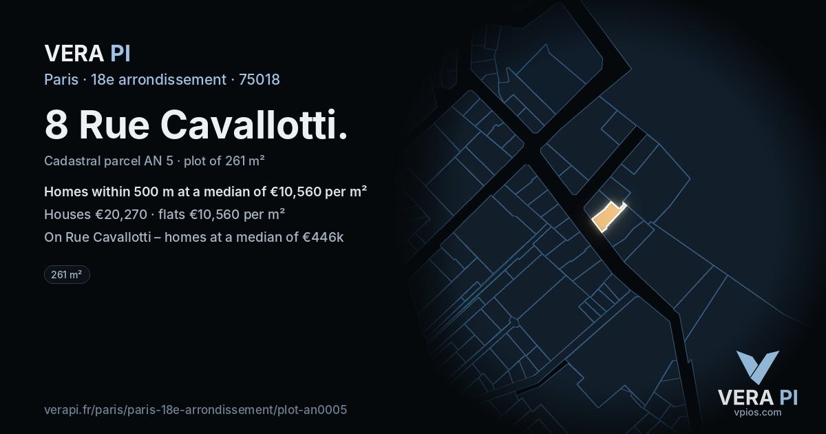 8 Rue Cavallotti, 18e arrondissement at night – the plot lit, the parcels around coloured by the prices near them