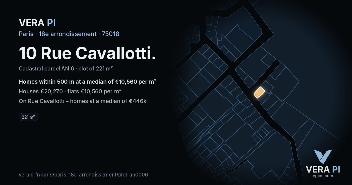 10 Rue Cavallotti, 18e arrondissement at night – the plot lit, the parcels around coloured by the prices near them