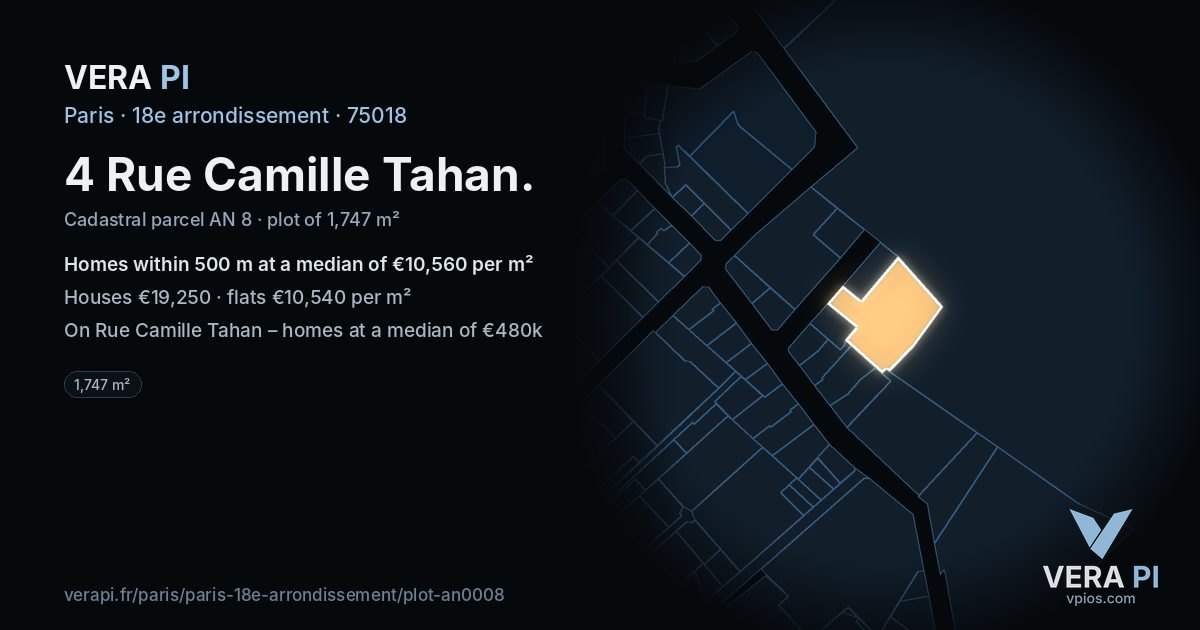 4 Rue Camille Tahan, 18e arrondissement at night – the plot lit, the parcels around coloured by the prices near them