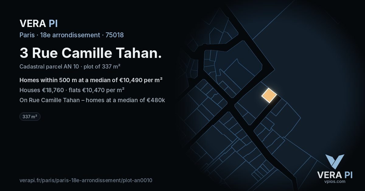 3 Rue Camille Tahan, 18e arrondissement at night – the plot lit, the parcels around coloured by the prices near them
