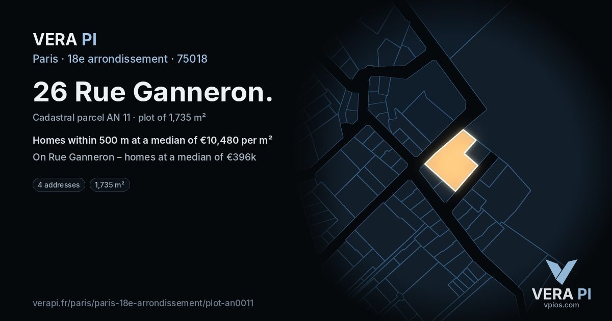 26 Rue Ganneron, 18e arrondissement at night – the plot lit, the parcels around coloured by the prices near them