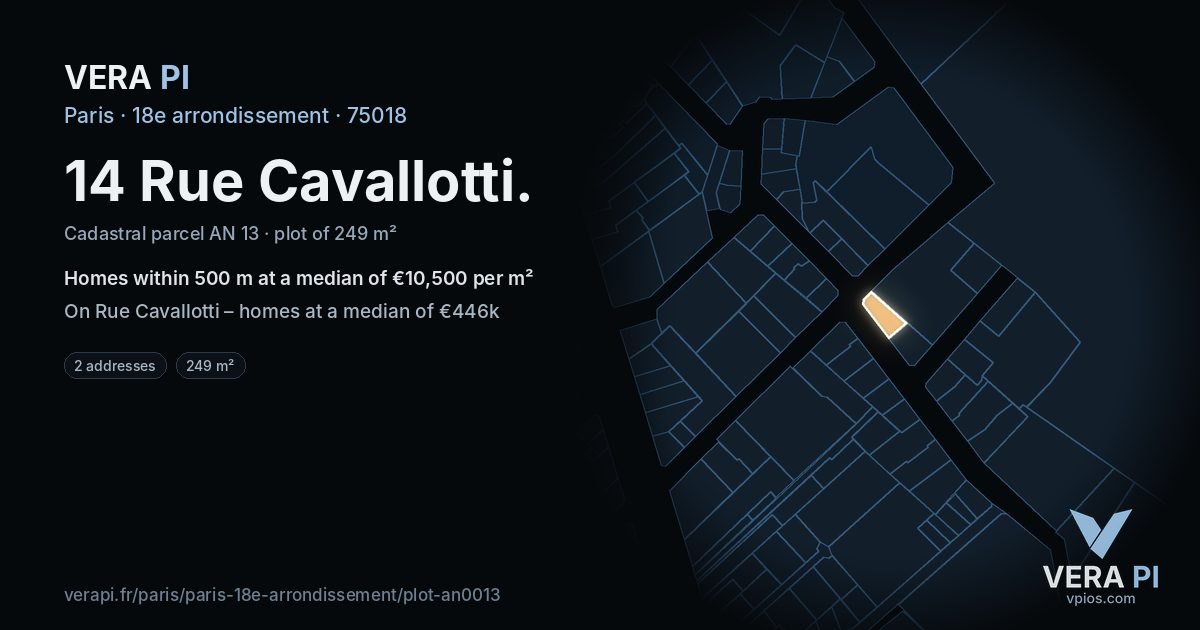 14 Rue Cavallotti, 18e arrondissement at night – the plot lit, the parcels around coloured by the prices near them