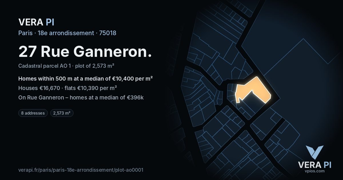 27 Rue Ganneron, 18e arrondissement at night – the plot lit, the parcels around coloured by the prices near them