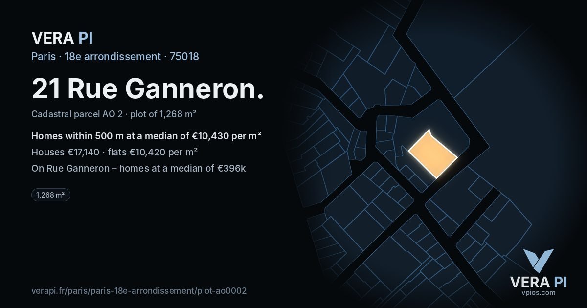 21 Rue Ganneron, 18e arrondissement at night – the plot lit, the parcels around coloured by the prices near them