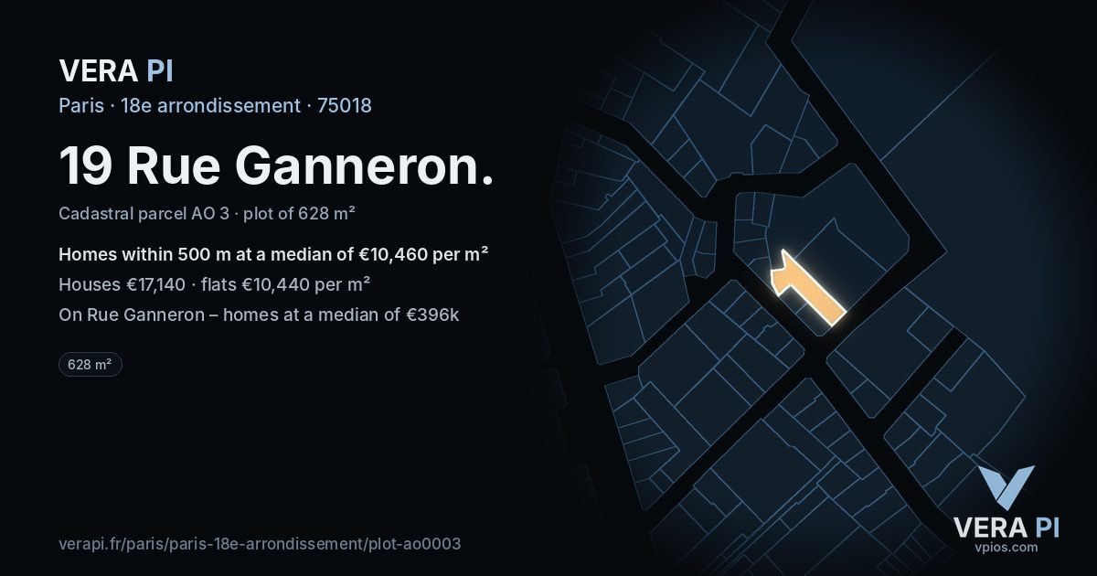 19 Rue Ganneron, 18e arrondissement at night – the plot lit, the parcels around coloured by the prices near them