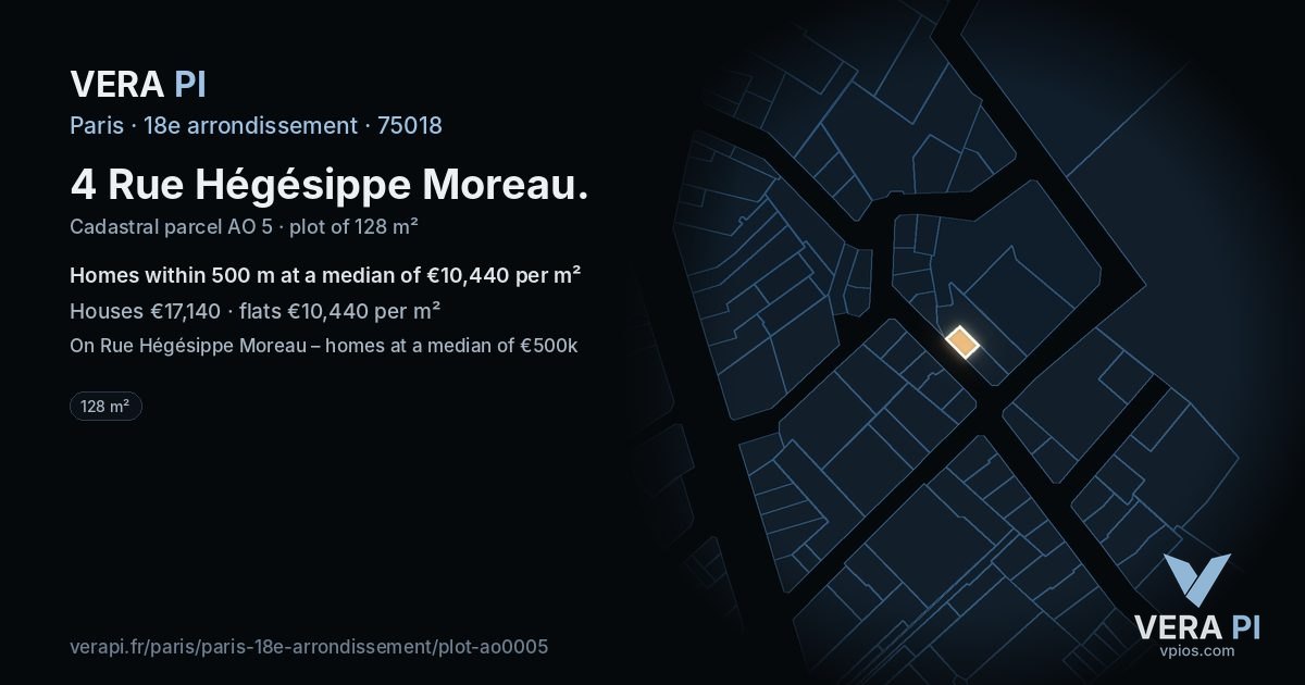 4 Rue Hégésippe Moreau, 18e arrondissement at night – the plot lit, the parcels around coloured by the prices near them