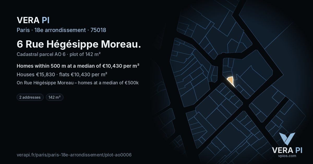 6 Rue Hégésippe Moreau, 18e arrondissement at night – the plot lit, the parcels around coloured by the prices near them
