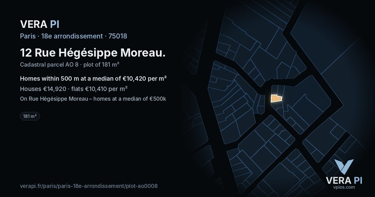 12 Rue Hégésippe Moreau, 18e arrondissement at night – the plot lit, the parcels around coloured by the prices near them