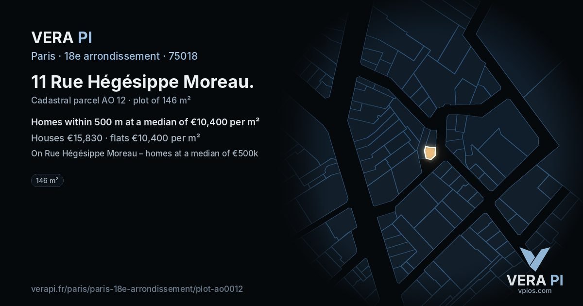 11 Rue Hégésippe Moreau, 18e arrondissement at night – the plot lit, the parcels around coloured by the prices near them