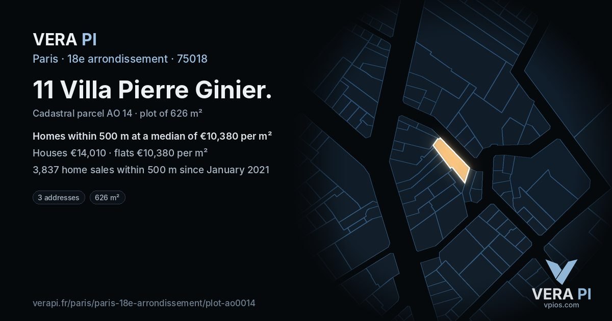 11 Villa Pierre Ginier, 18e arrondissement at night – the plot lit, the parcels around coloured by the prices near them