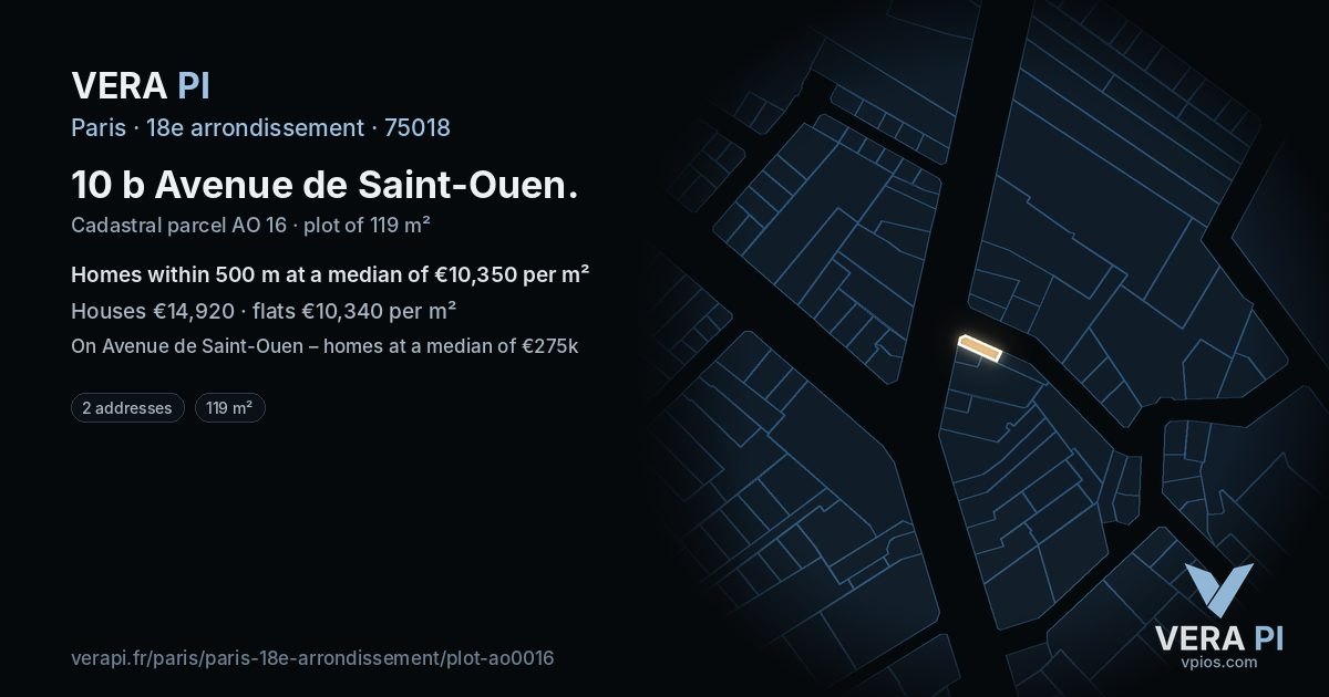 10 b Avenue de Saint-Ouen, 18e arrondissement at night – the plot lit, the parcels around coloured by the prices near them