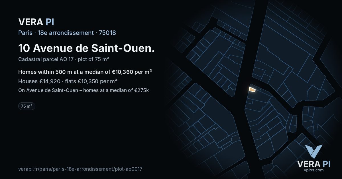 10 Avenue de Saint-Ouen, 18e arrondissement at night – the plot lit, the parcels around coloured by the prices near them
