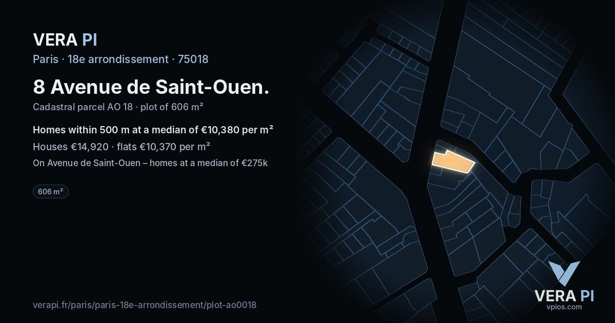 8 Avenue de Saint-Ouen, 18e arrondissement at night – the plot lit, the parcels around coloured by the prices near them