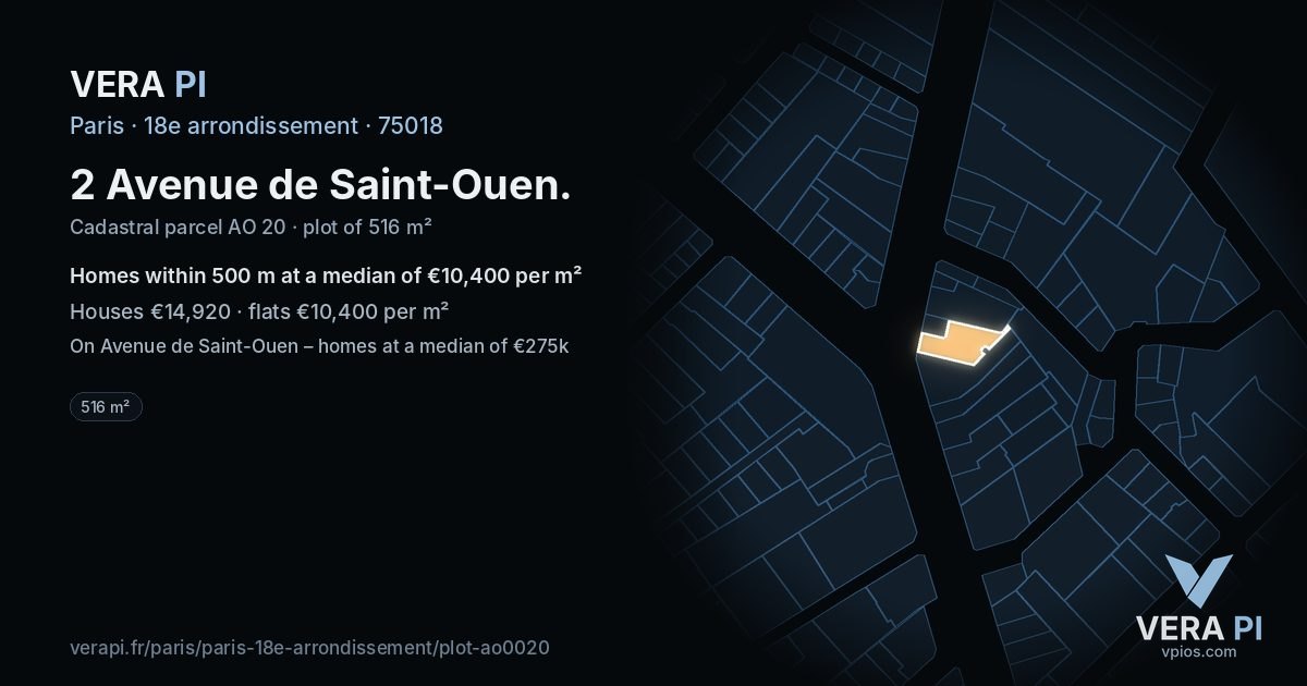 2 Avenue de Saint-Ouen, 18e arrondissement at night – the plot lit, the parcels around coloured by the prices near them