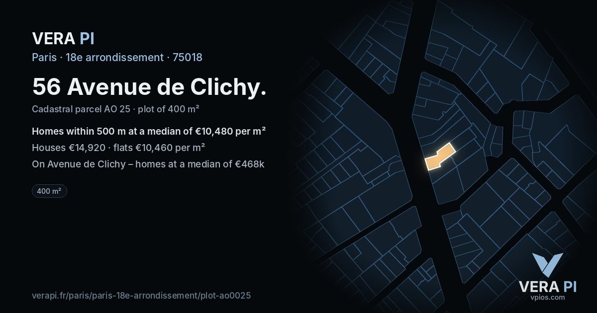 56 Avenue de Clichy, 18e arrondissement at night – the plot lit, the parcels around coloured by the prices near them