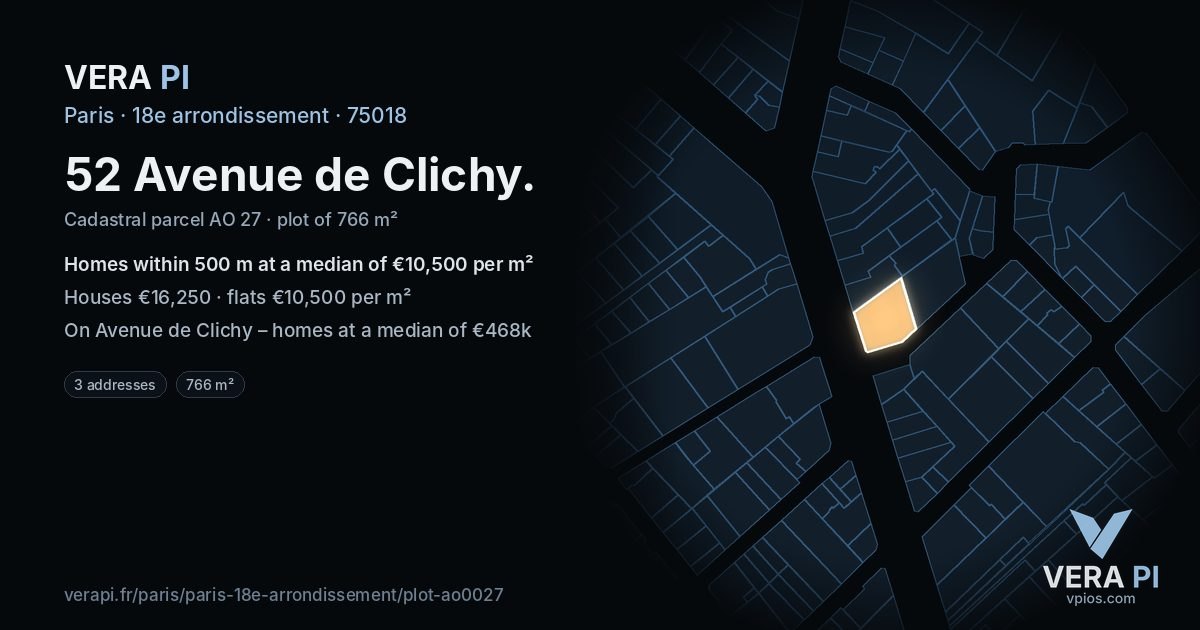 52 Avenue de Clichy, 18e arrondissement at night – the plot lit, the parcels around coloured by the prices near them