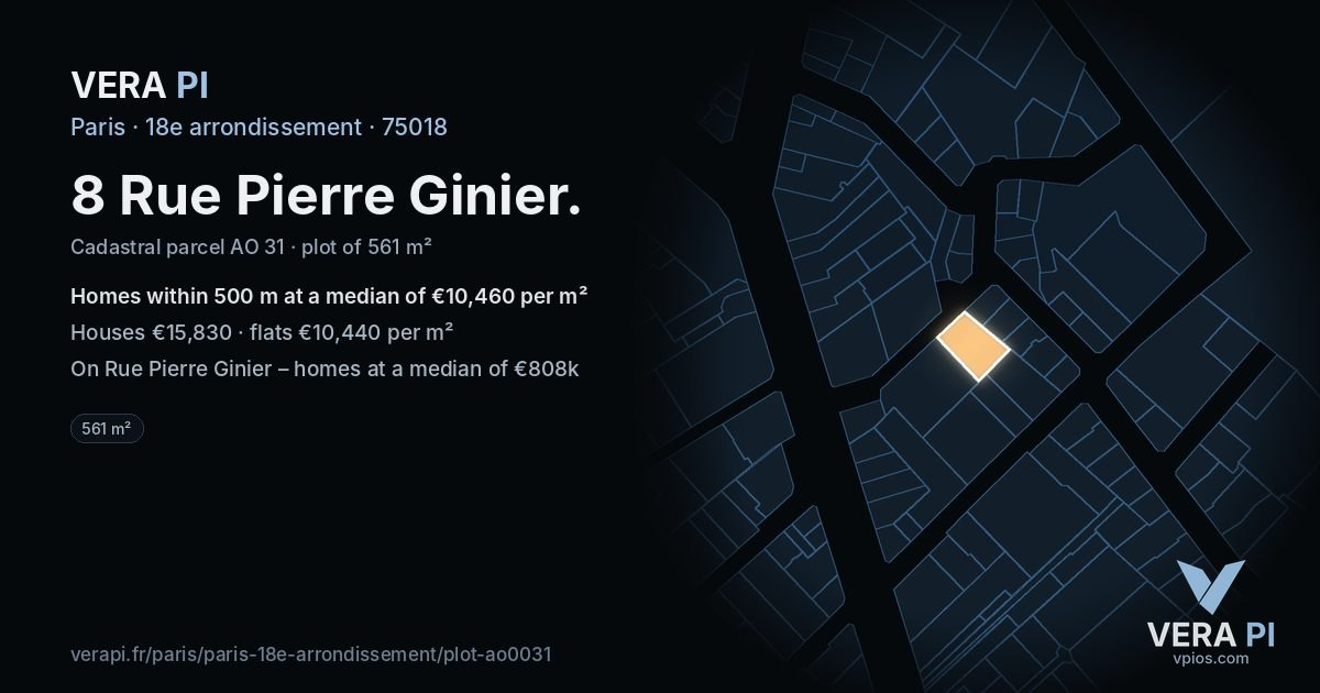 8 Rue Pierre Ginier, 18e arrondissement at night – the plot lit, the parcels around coloured by the prices near them