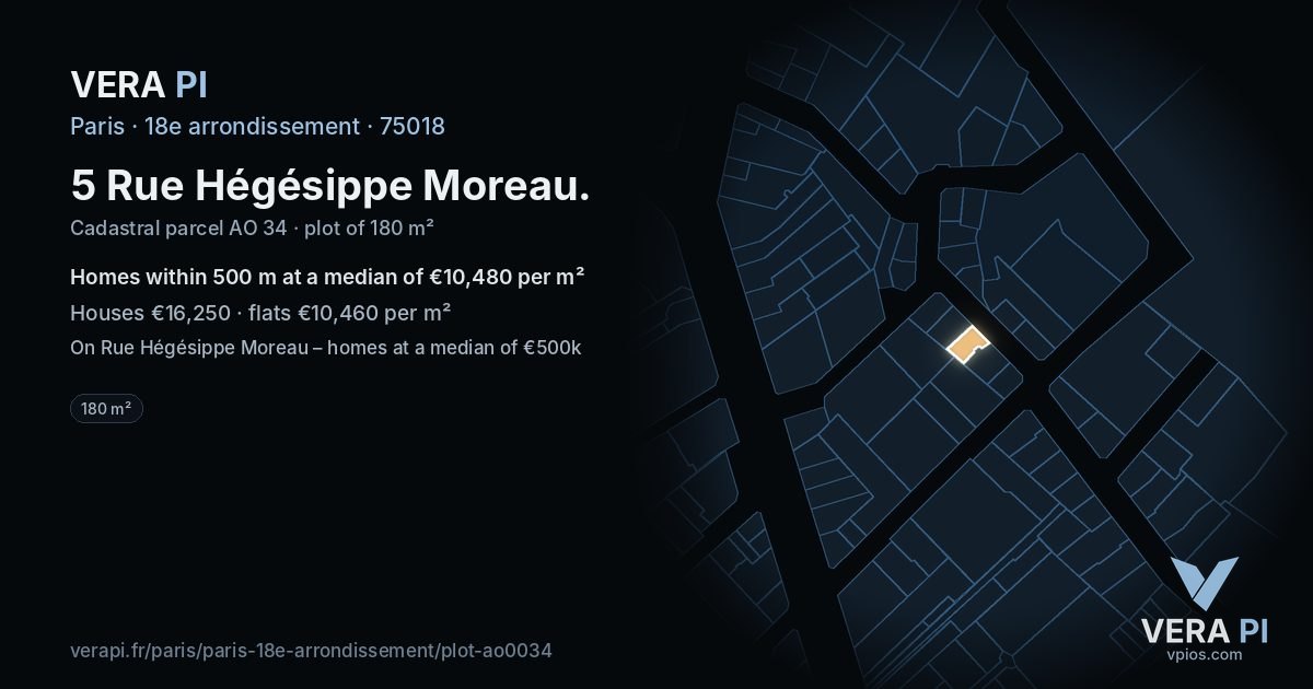 5 Rue Hégésippe Moreau, 18e arrondissement at night – the plot lit, the parcels around coloured by the prices near them