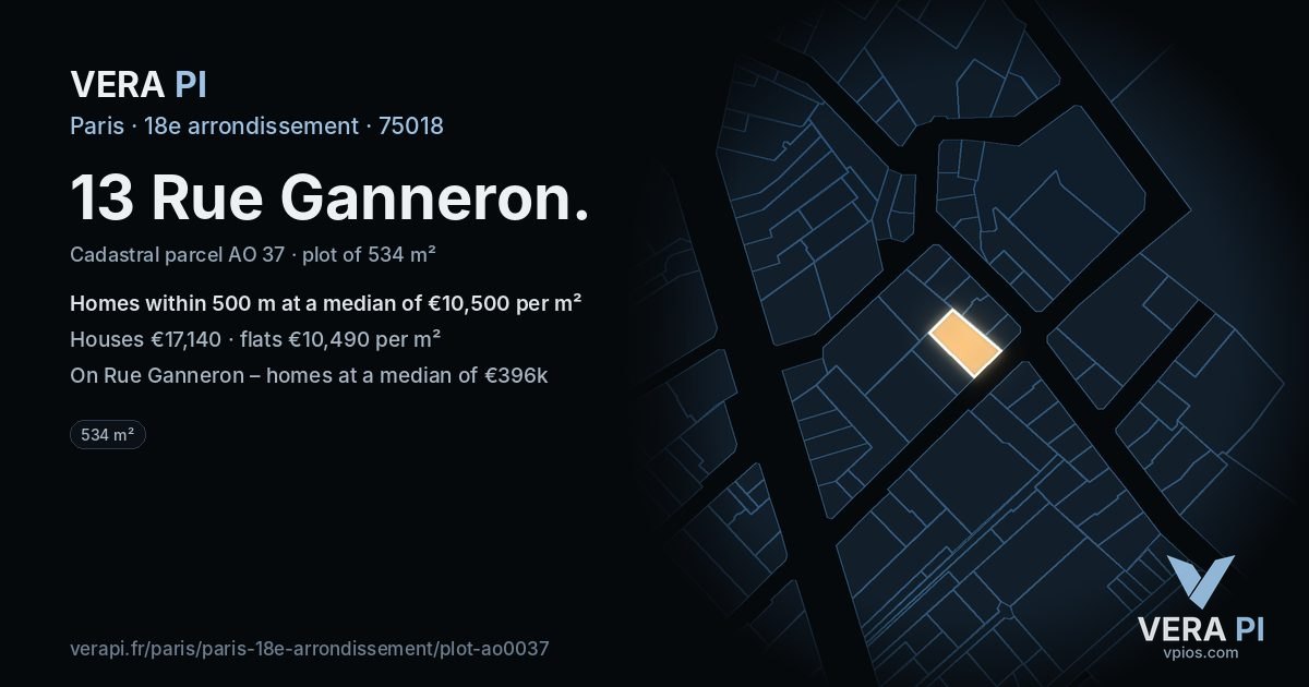 13 Rue Ganneron, 18e arrondissement at night – the plot lit, the parcels around coloured by the prices near them