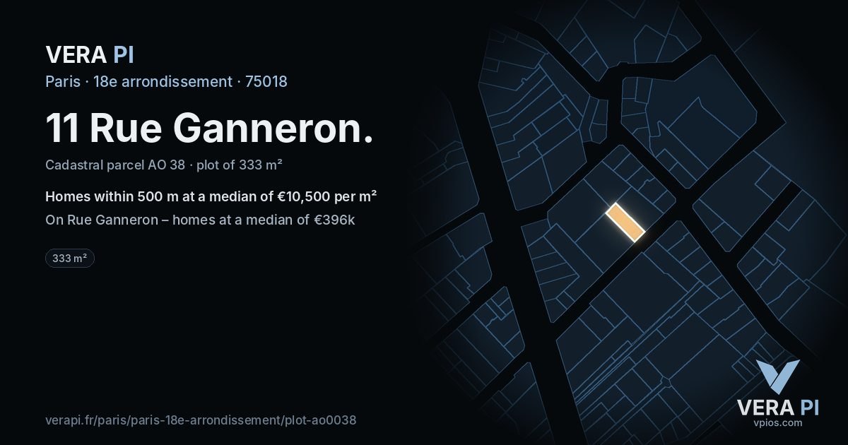 11 Rue Ganneron, 18e arrondissement at night – the plot lit, the parcels around coloured by the prices near them