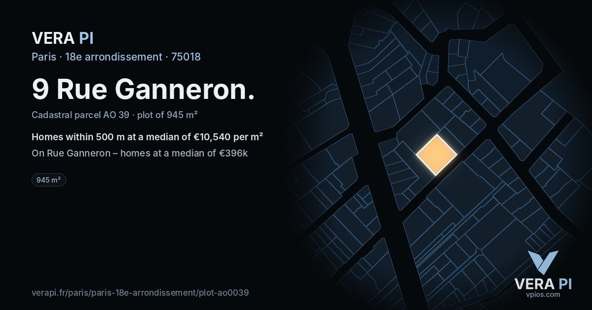 9 Rue Ganneron, 18e arrondissement at night – the plot lit, the parcels around coloured by the prices near them