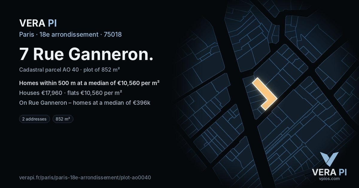 7 Rue Ganneron, 18e arrondissement at night – the plot lit, the parcels around coloured by the prices near them