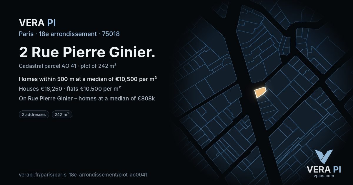 2 Rue Pierre Ginier, 18e arrondissement at night – the plot lit, the parcels around coloured by the prices near them