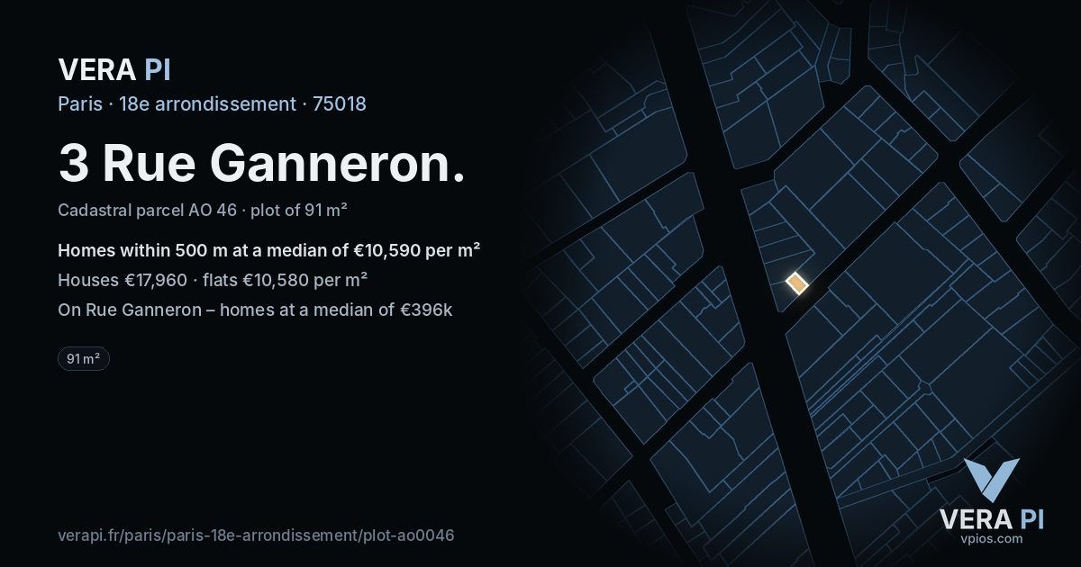 3 Rue Ganneron, 18e arrondissement at night – the plot lit, the parcels around coloured by the prices near them
