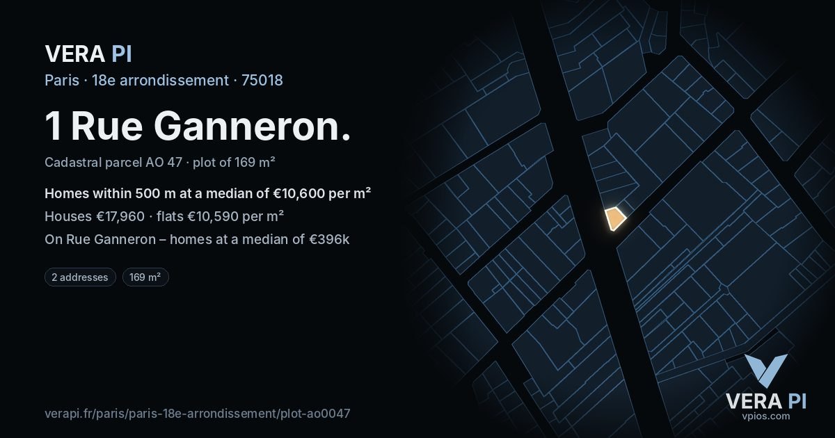 1 Rue Ganneron, 18e arrondissement at night – the plot lit, the parcels around coloured by the prices near them