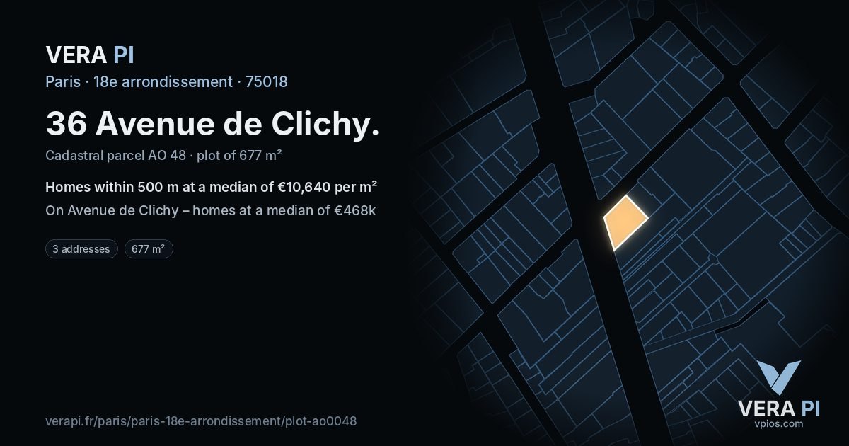 36 Avenue de Clichy, 18e arrondissement at night – the plot lit, the parcels around coloured by the prices near them