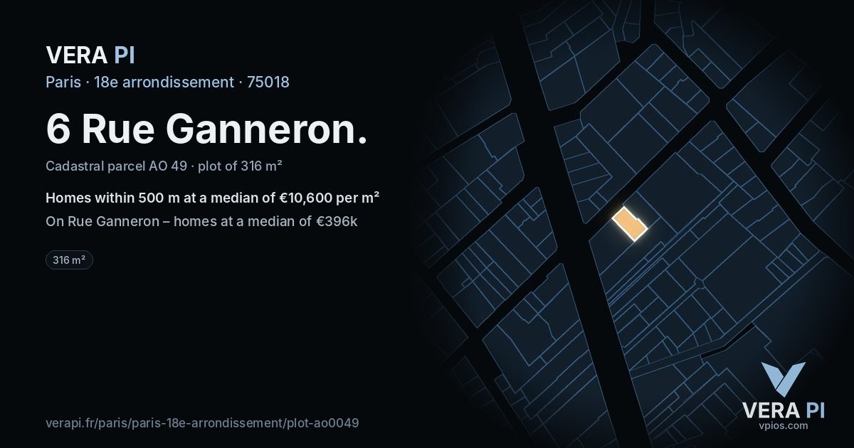 6 Rue Ganneron, 18e arrondissement at night – the plot lit, the parcels around coloured by the prices near them