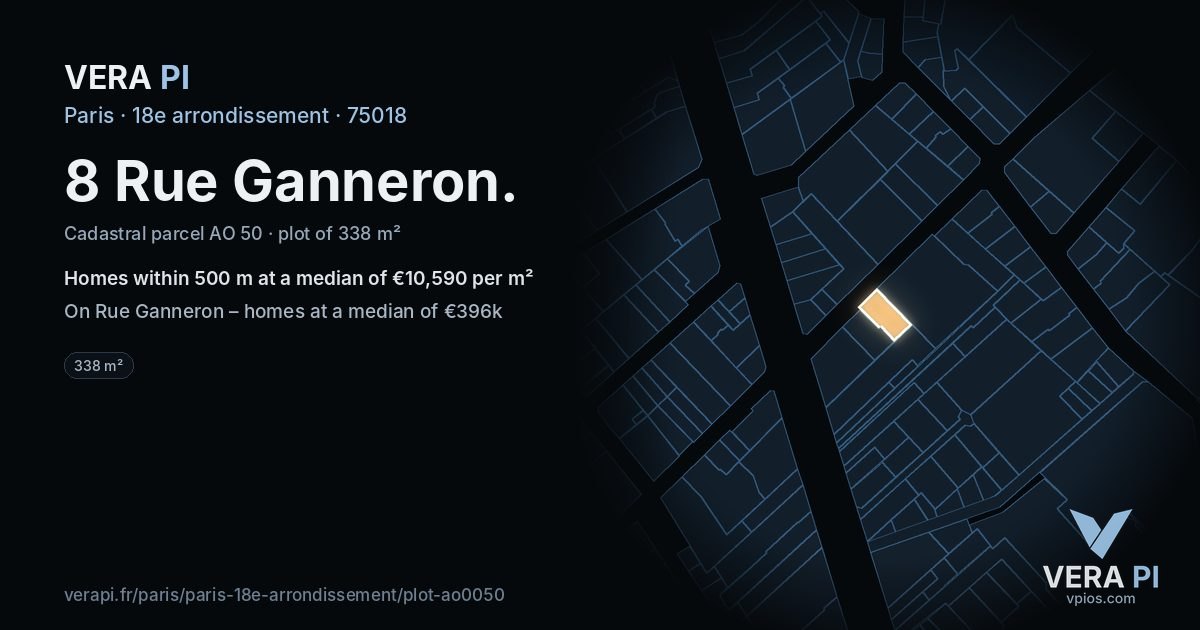 8 Rue Ganneron, 18e arrondissement at night – the plot lit, the parcels around coloured by the prices near them