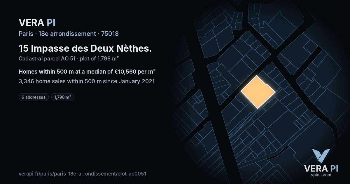 15 Impasse des Deux Nèthes, 18e arrondissement at night – the plot lit, the parcels around coloured by the prices near them