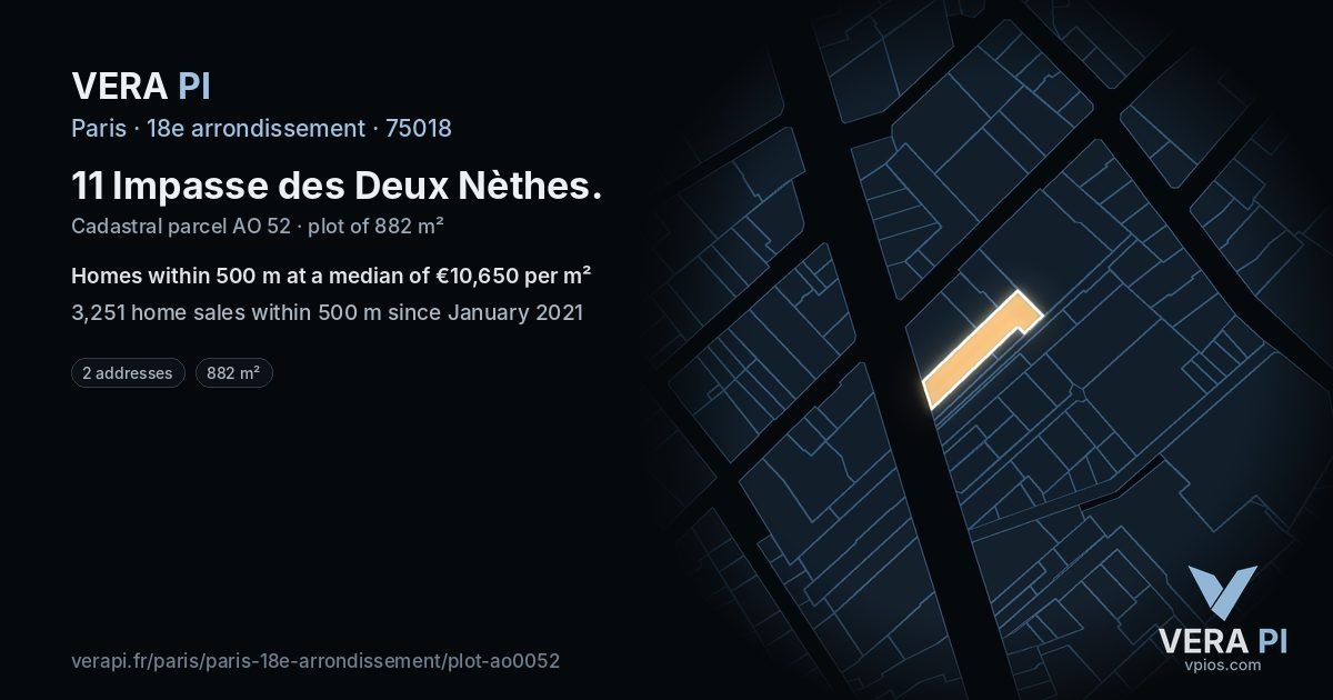11 Impasse des Deux Nèthes, 18e arrondissement at night – the plot lit, the parcels around coloured by the prices near them